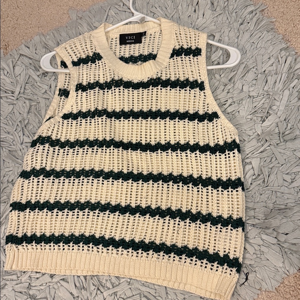 Vici Cream and Green Striped Knit Crop Tank - Picture 4 of 4